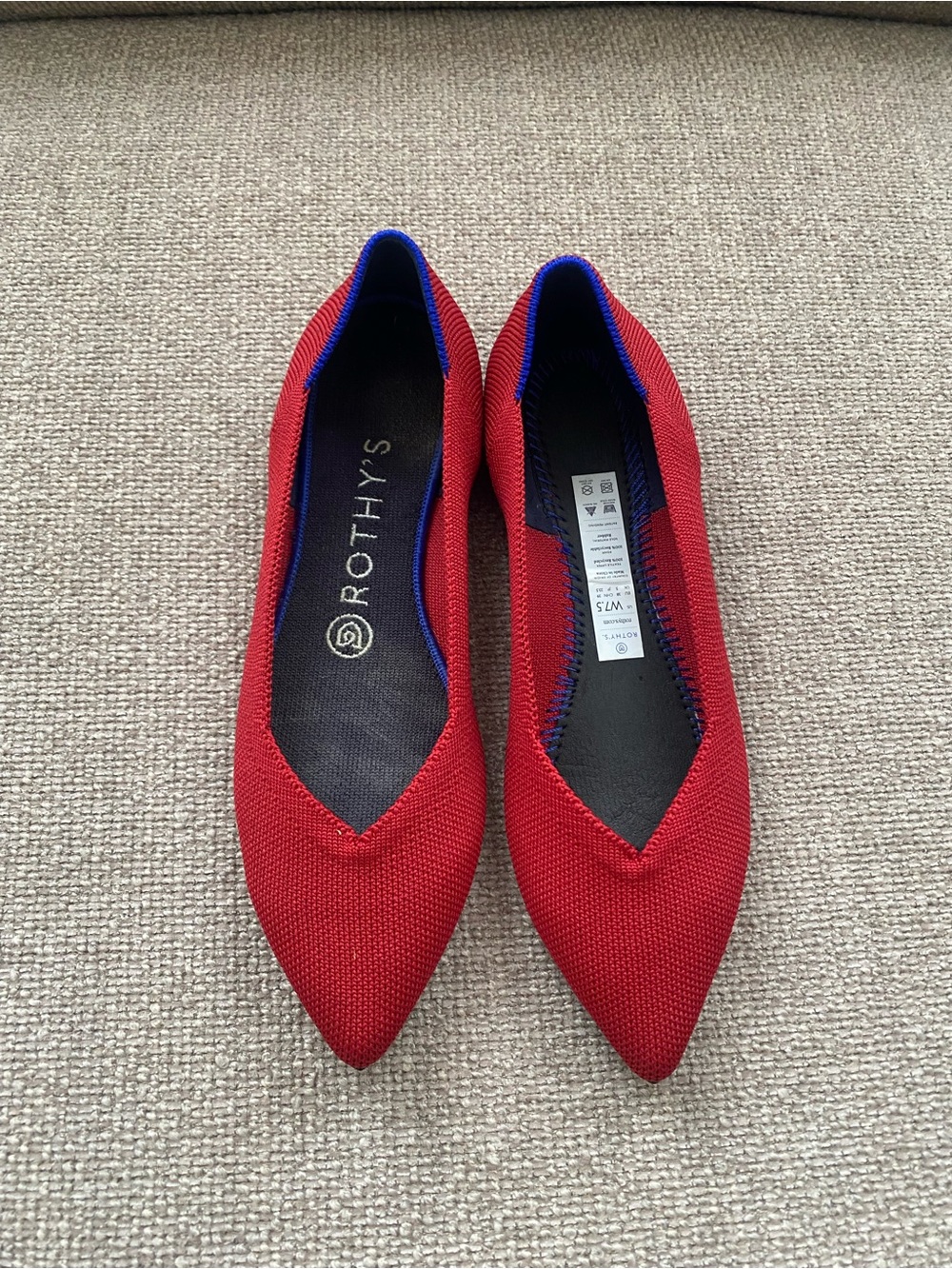 Rothy's Red Pointed Knit Flats with Blue Trim - Picture 5 of 6